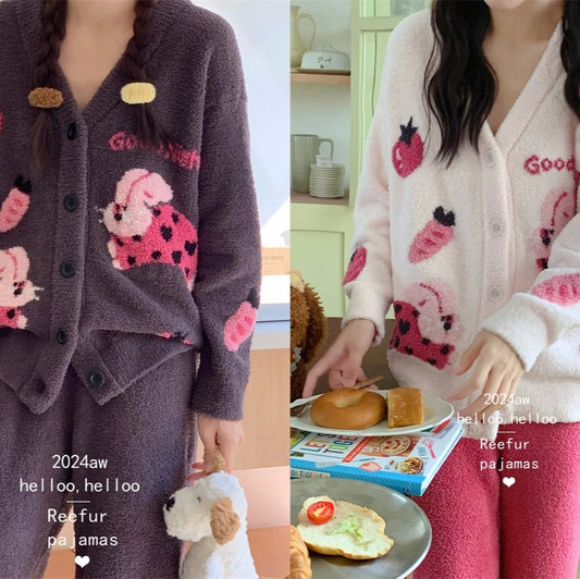 Love Rabbit Winter Pajamas  Thickened Half Velvet Cardigan Set