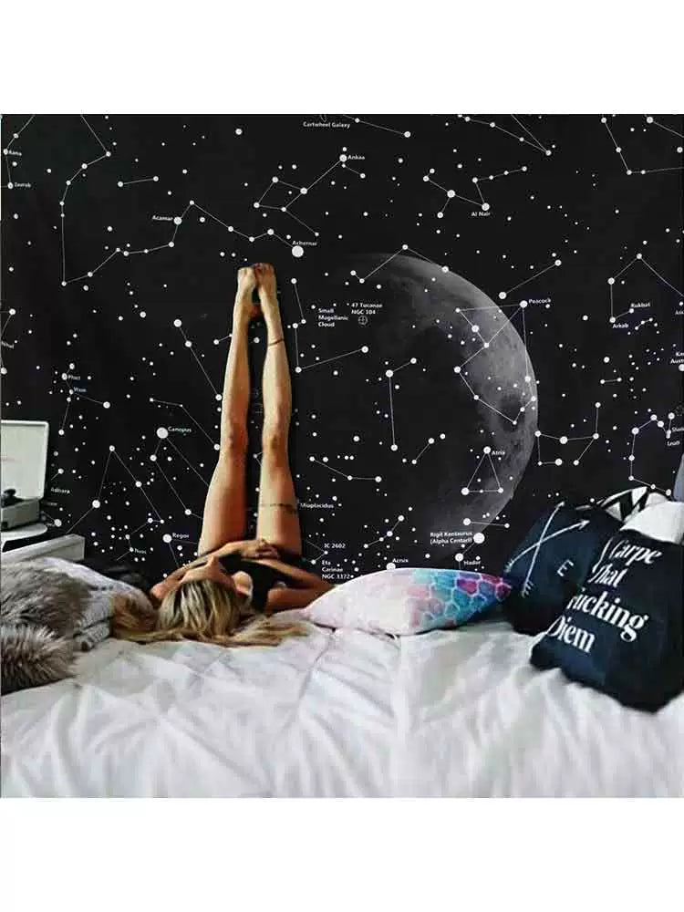 Galactic Dreams - Black Starry Moon Hanging Tapestry