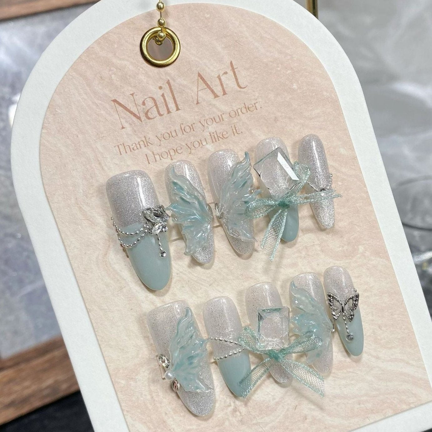 Green Jade Butterfly Nail Art - Ice Gauze Cat's Eye French Whitening