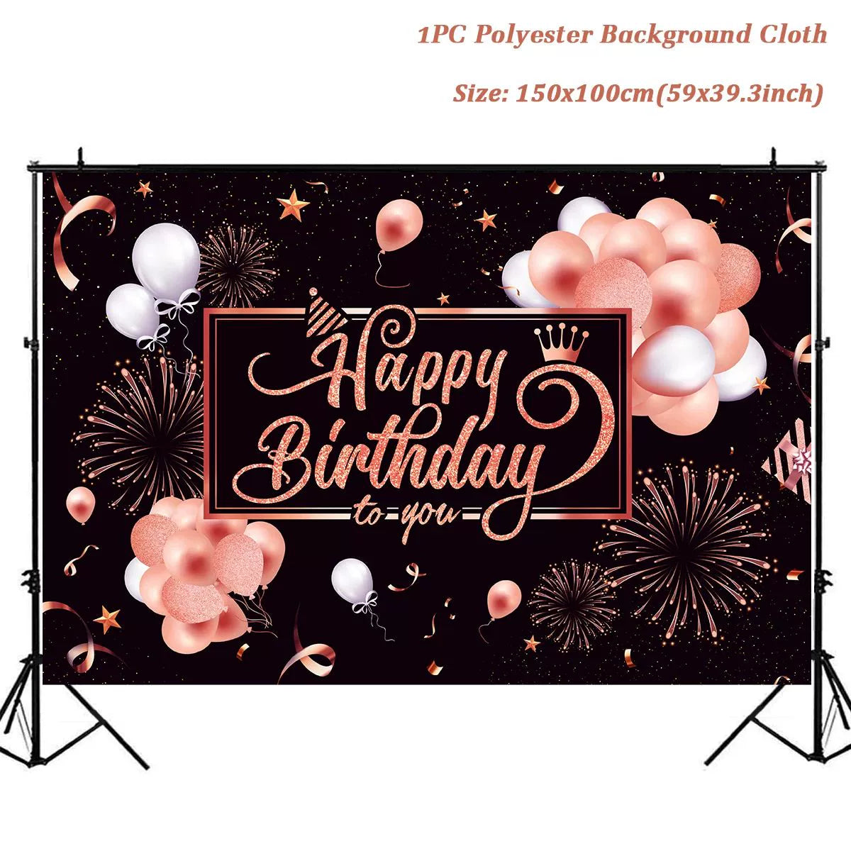 Happy Birthday Backdrop Banner - Large Black and Gold Balloon Star