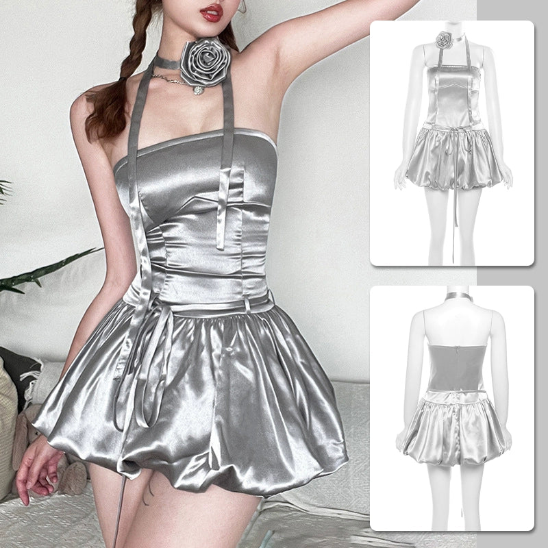 Sexy Silver Suspender Halterneck Dress (rose)