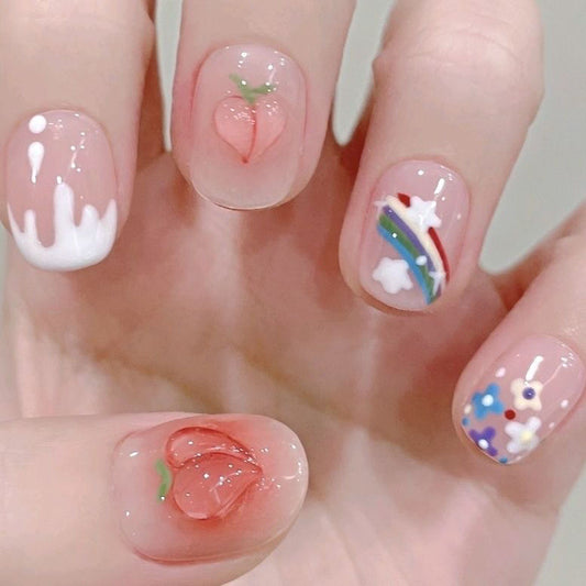 Handmade Short Rainbow Peach Nail Art Patch - Little Girl Design