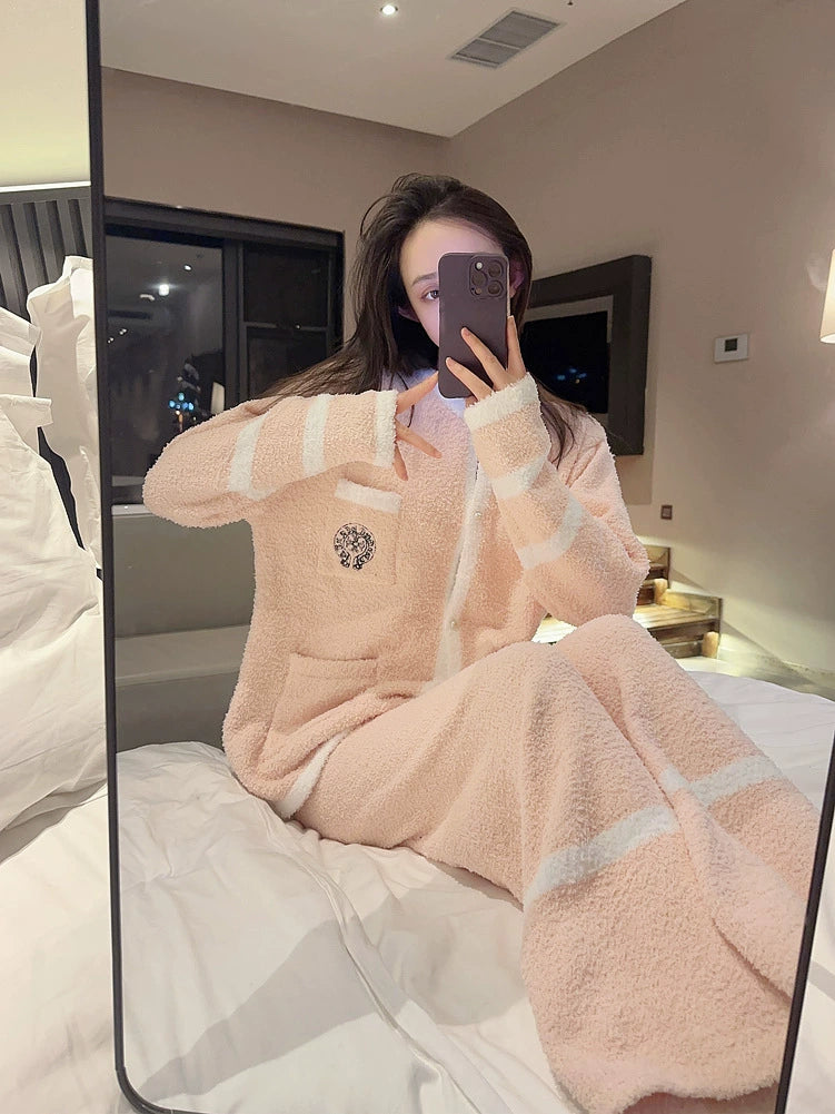 Coral velvet couple pajamas