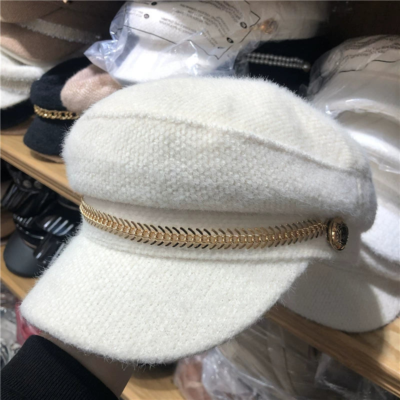 British Pearl Plush Military Hat  Chic Versatile Beret