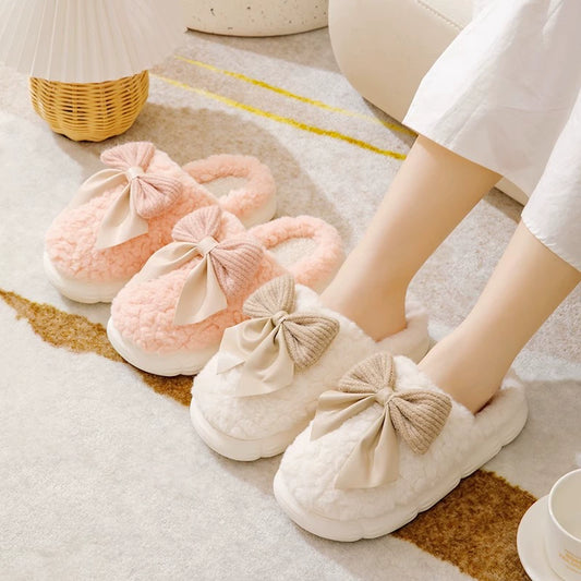 Cute Bow Velvet Cotton Slippers for Women