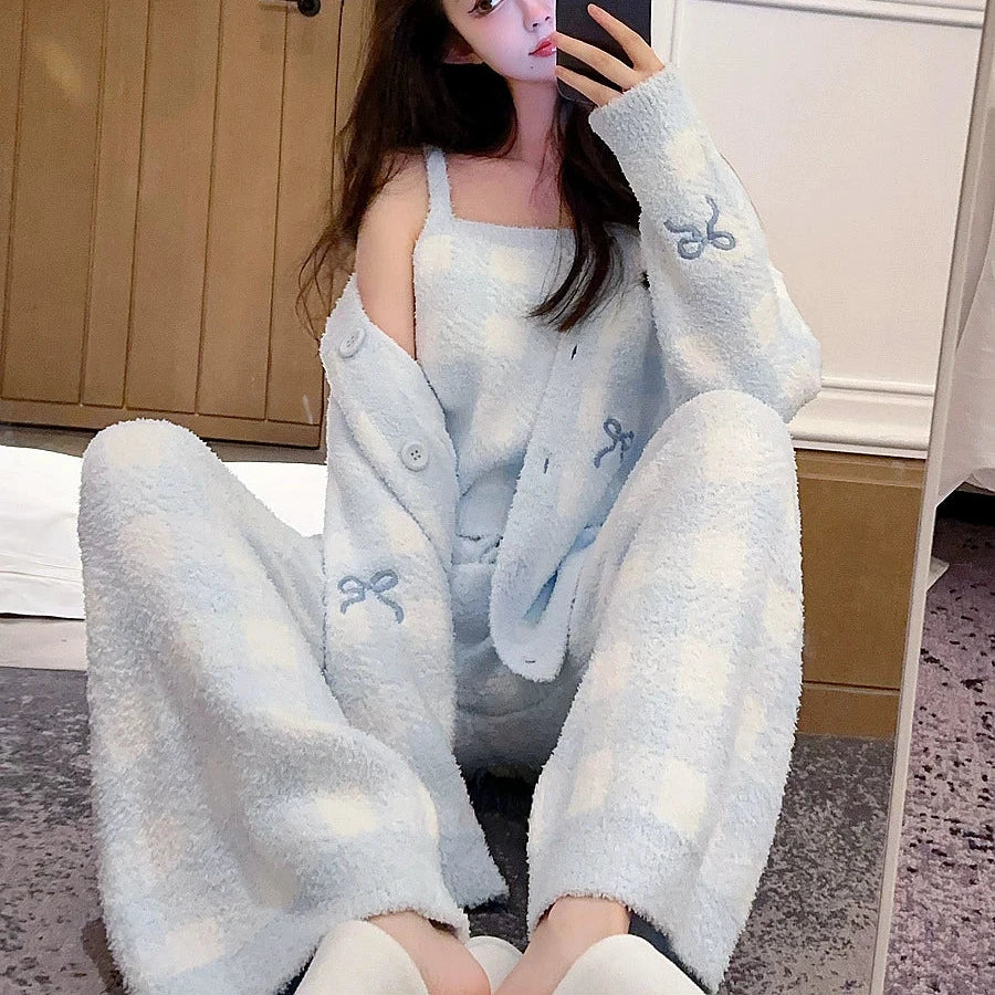 Bow Plaid Pajamas  Women's Three-Piece Coral Velvet Loungewear Set