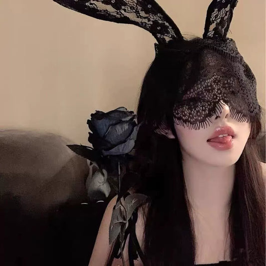 Enchanting Lace Black Rabbit Ear Headband with Eye Mask