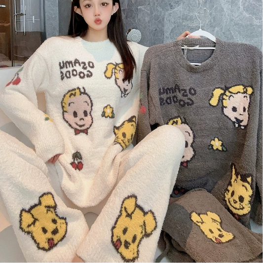 Cartoon Coral Velvet Pajamas  Women's Cozy Loungewear Set