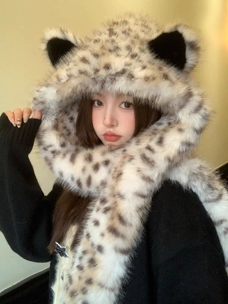 Leopard Print Fox Ears Plush Hat and Scarf Set