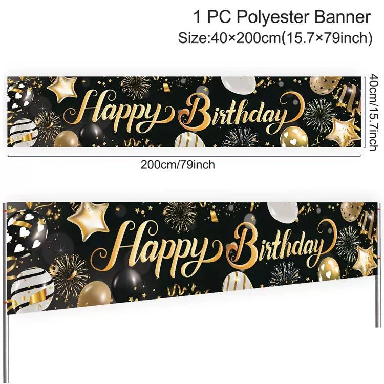 Gold Glitter Happy Birthday Party Backdrop - Black Photo Background