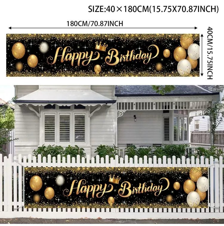 Gold Glitter Happy Birthday Party Backdrop - Black Photo Background