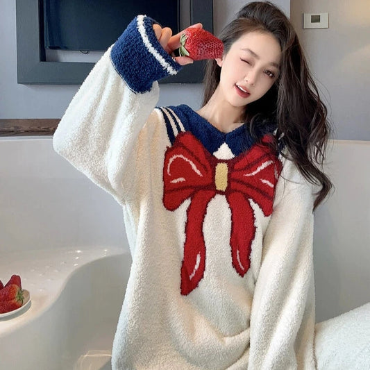 Japanese Bow Pajamas  Women's Cute Coral Velvet Plush Set