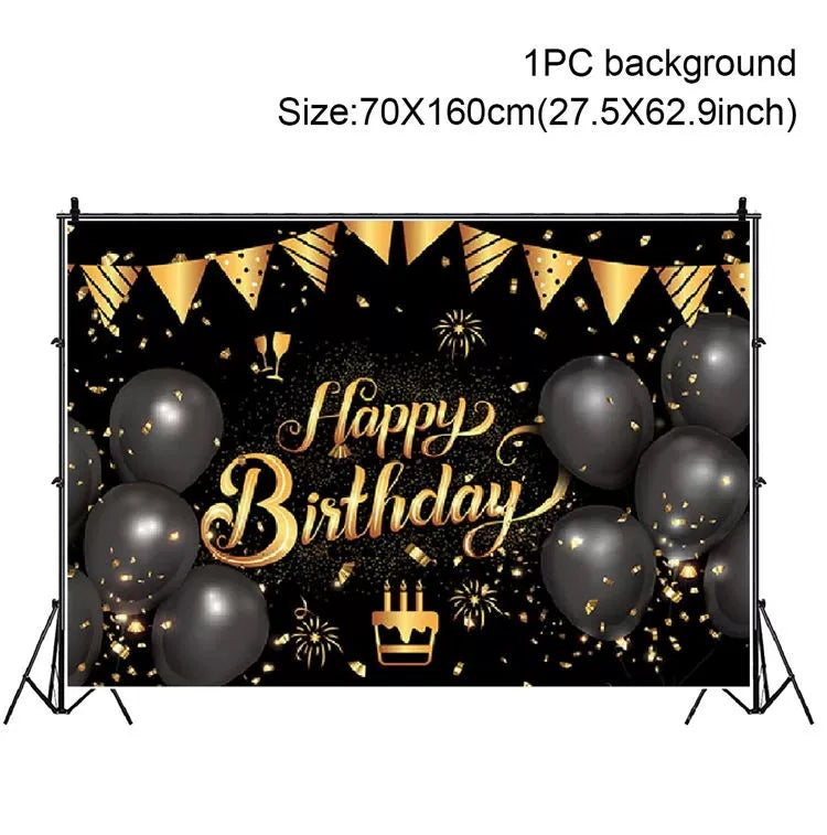 Gold Glitter Happy Birthday Party Backdrop - Black Photo Background