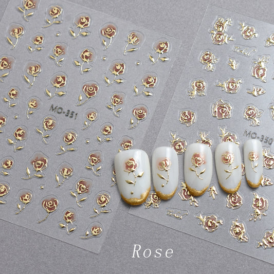 Gilded Wild Rose Nail Art Stickers - Embossed Three-Dimensional Design