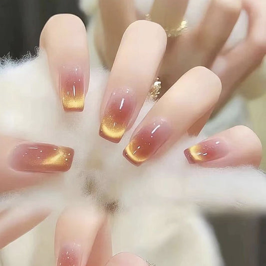 Sunset Spring and Summer Nude Yellow Cat's Eye Nail Art