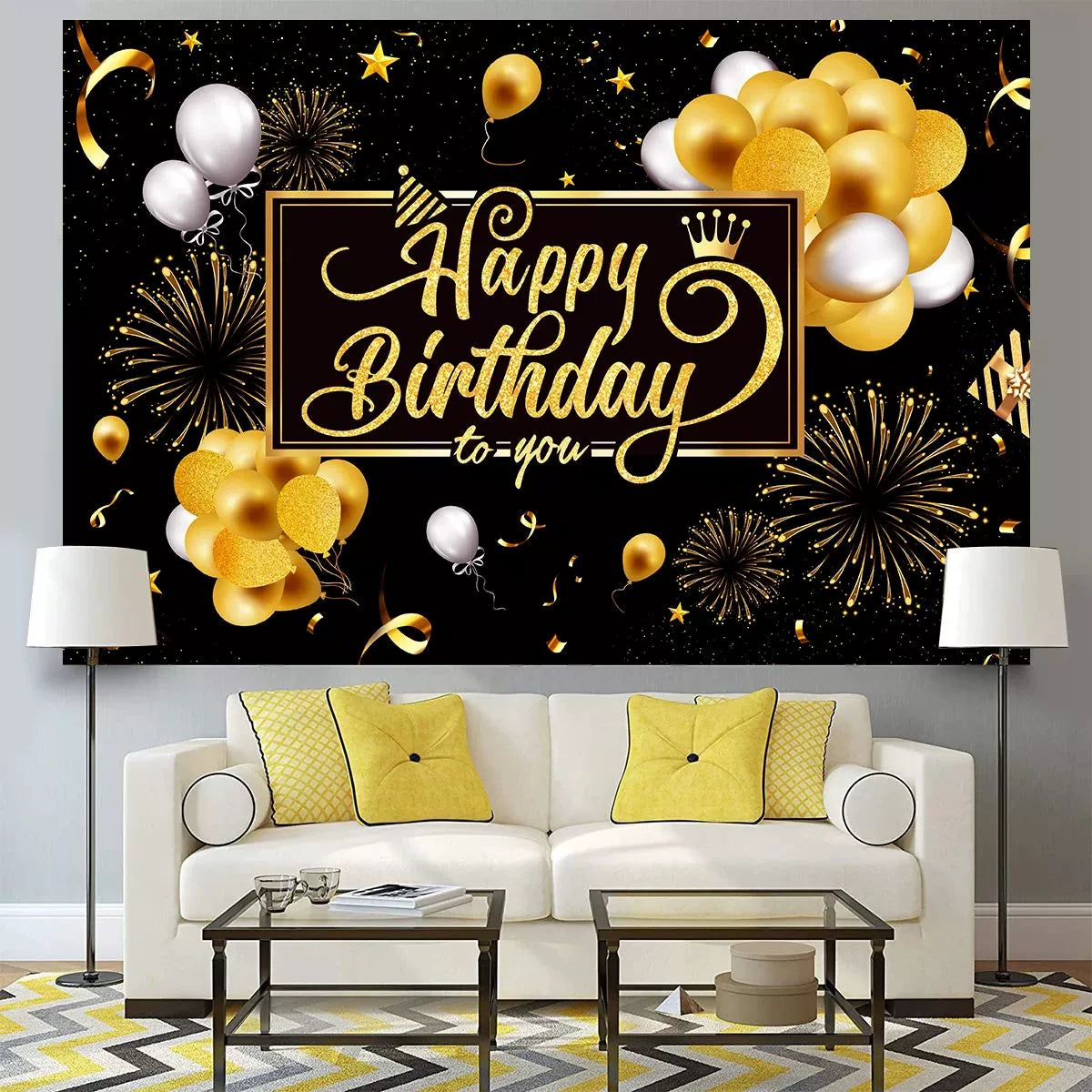 Happy Birthday Backdrop Banner - Large Black and Gold Balloon Star