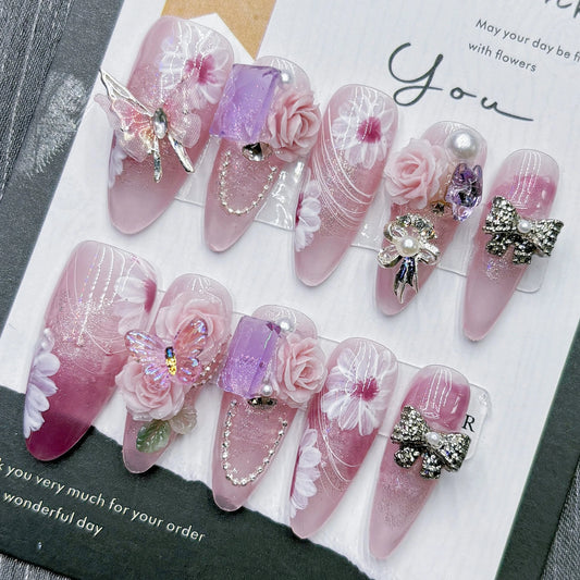 Peach Pink Butterfly Handmade Nail Art