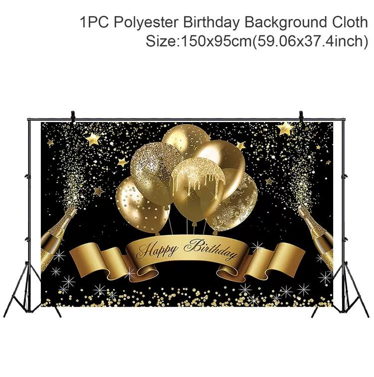 Gold Glitter Happy Birthday Party Backdrop - Black Photo Background