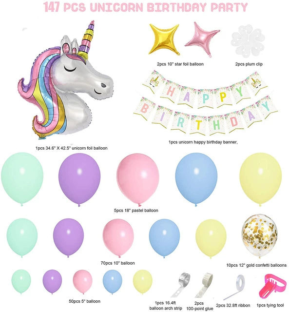 147 Pcs Unicorn Birthday Balloons Arch Garland Kit - Magical Celebration Decor