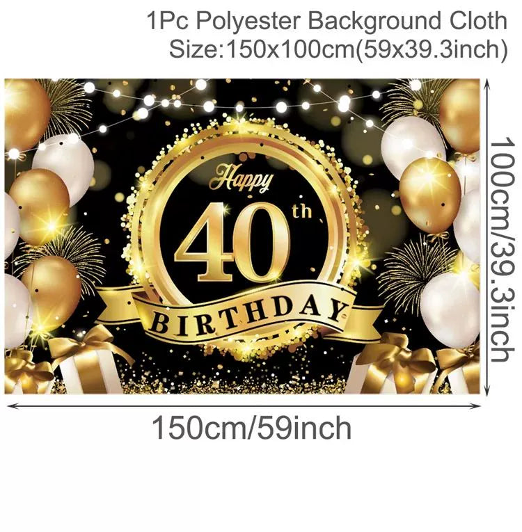 Gold Glitter Happy Birthday Party Backdrop - Black Photo Background