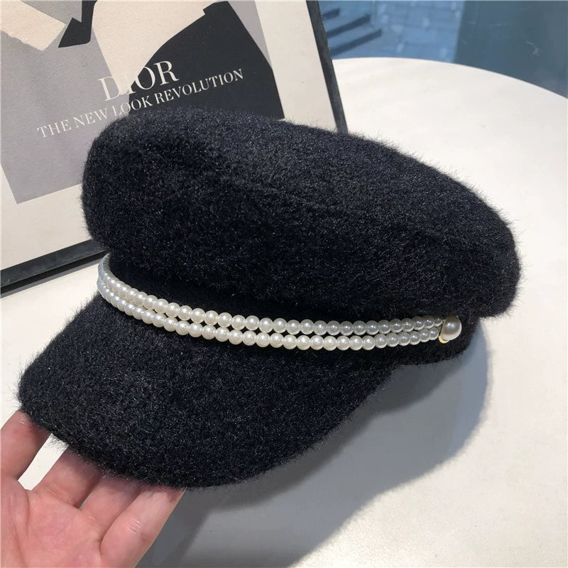 British Pearl Plush Military Hat  Chic Versatile Beret