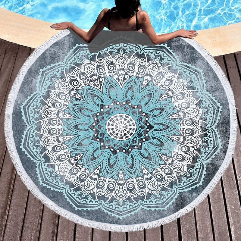 India Blue Mandala Bliss - Round Beach Towel with Tassels