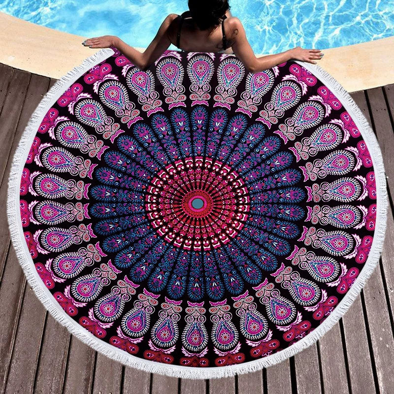 India Blue Mandala Bliss - Round Beach Towel with Tassels