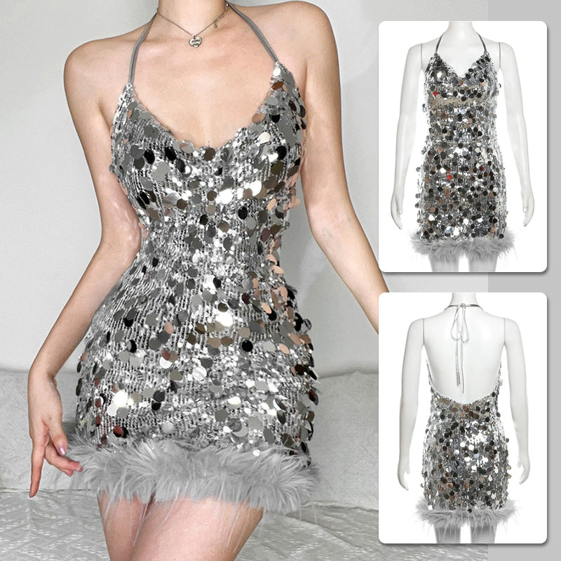 Sexy Silver Suspender Halterneck Dress (Shine)