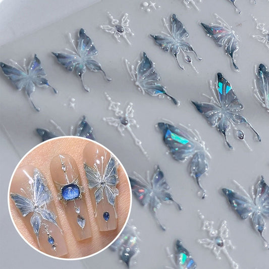 Hot Ice Blue Butterfly Nail Embossed Sticker - Hand-Painted Ice Crystal Design