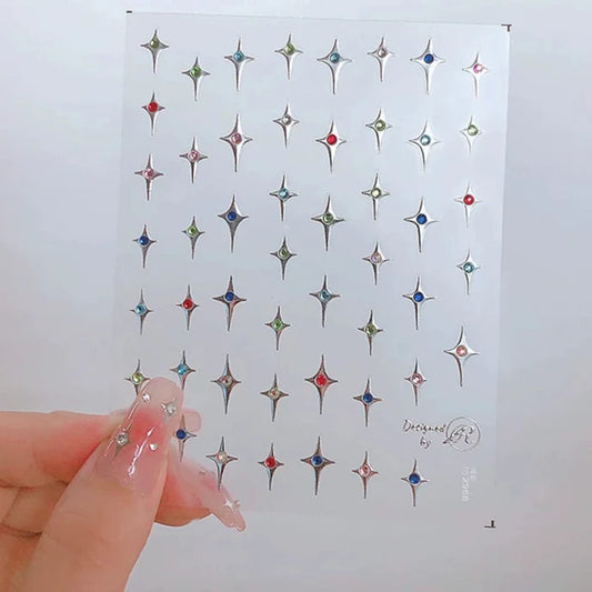 Diamond-Embossed Four-Pointed Star Nail Art Stickers - 3D Sparkling Ornaments