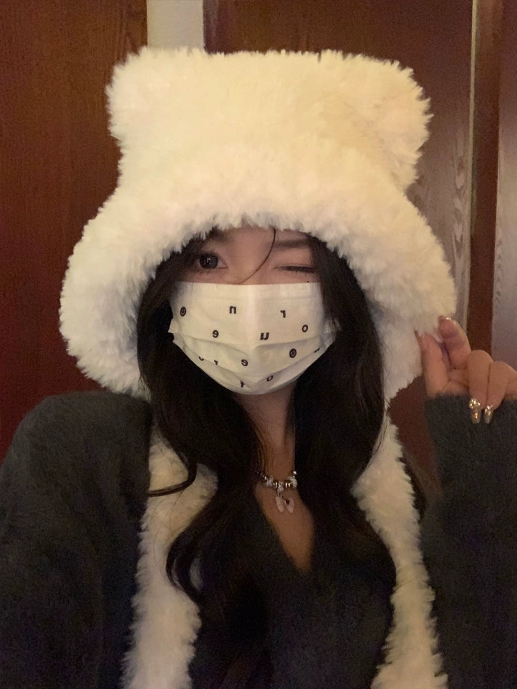 Cute Little Bear Ears Fur Hat  Warm Plush Knitted Ear Protector for Women