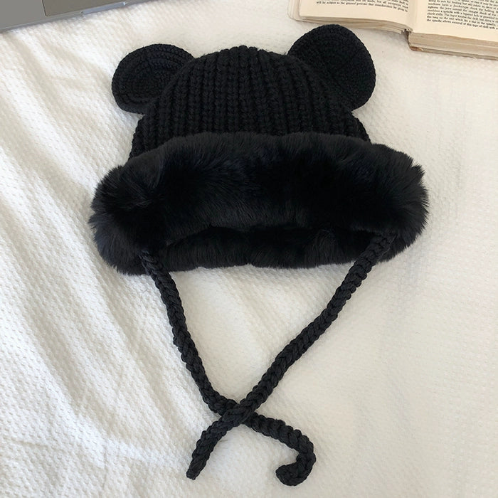 Cute Foreign Style Plush Knitted Hat - Double Layer Ear Protection