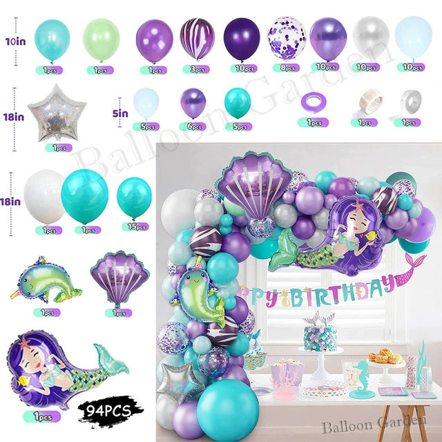 New Purple Mermaid Tail Happy Birthday Party Decoration Kit