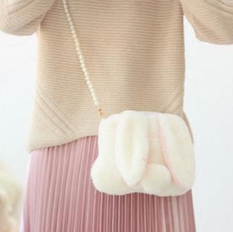 Cute Lop-Eared Rabbit Plush Crossbody Bag with Pearl Chain