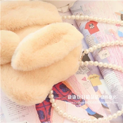 Cute Lop-Eared Rabbit Plush Crossbody Bag with Pearl Chain