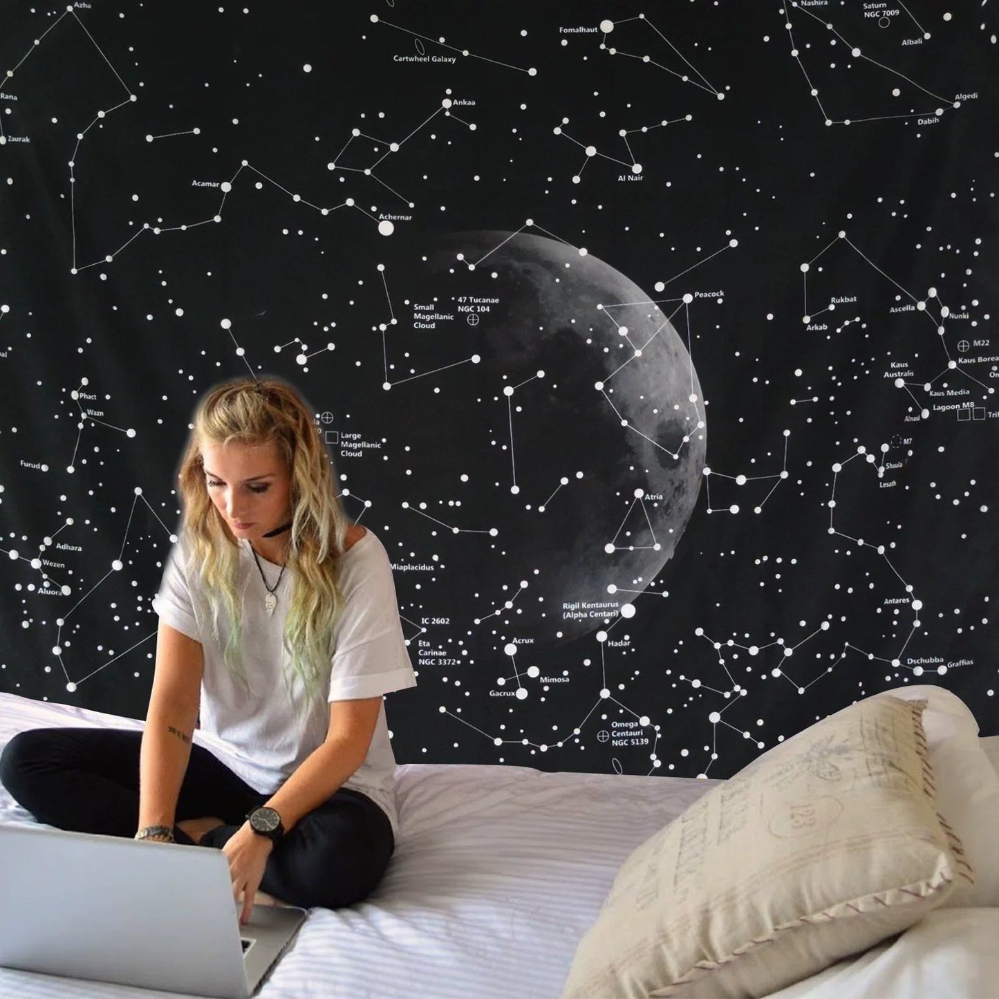 Galactic Dreams - Black Starry Moon Hanging Tapestry